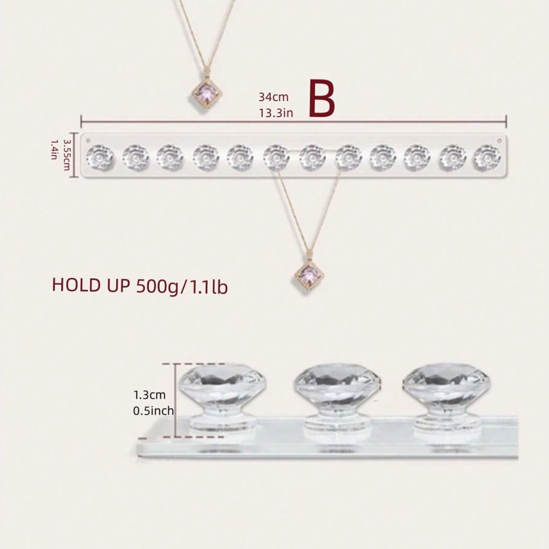 Wall Mounted Necklace Organizer Acrylic Jewelry Holder With Crystal Ball Knobs For Necklaces Brace 2