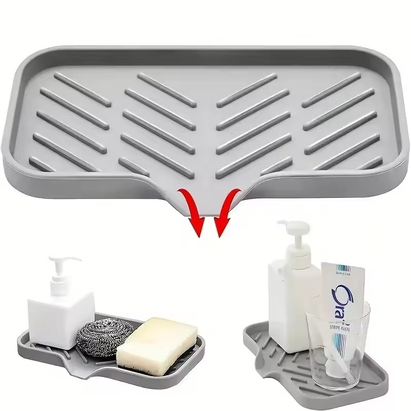 Silicone Faucet Mat Sink Tray Multifunctional Kitchen Storage Tray For Soap Sponge And Dishware 2