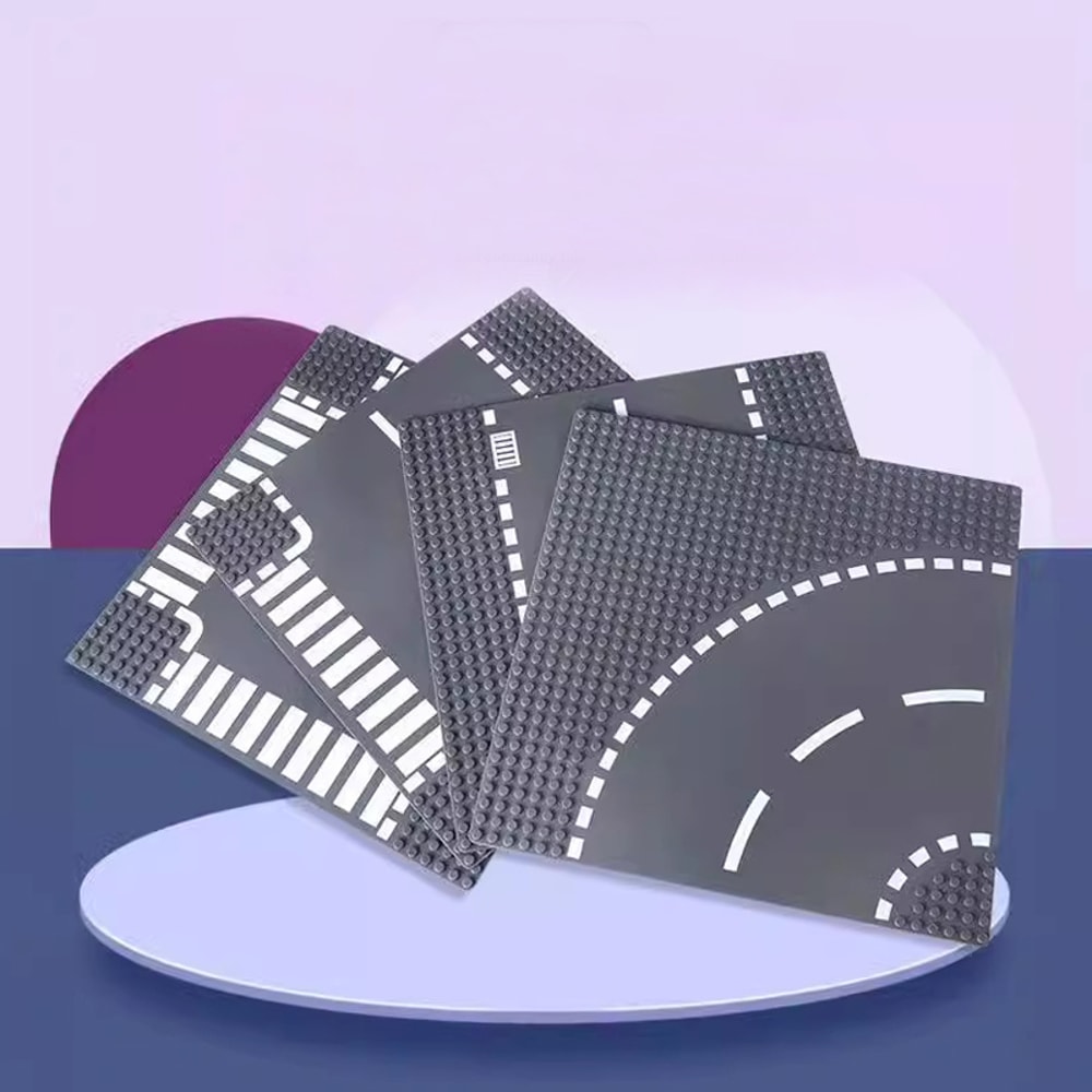 Building Blocks City Road Baseplate Set Straight Crossroad Curve TJunction Pieces For Kids 0