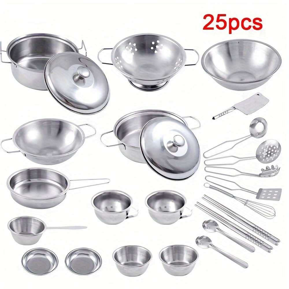 Durable Stainless Steel Kitchen Set For Kids Pretend Play Cooking Toy Educational Role Playset For 1
