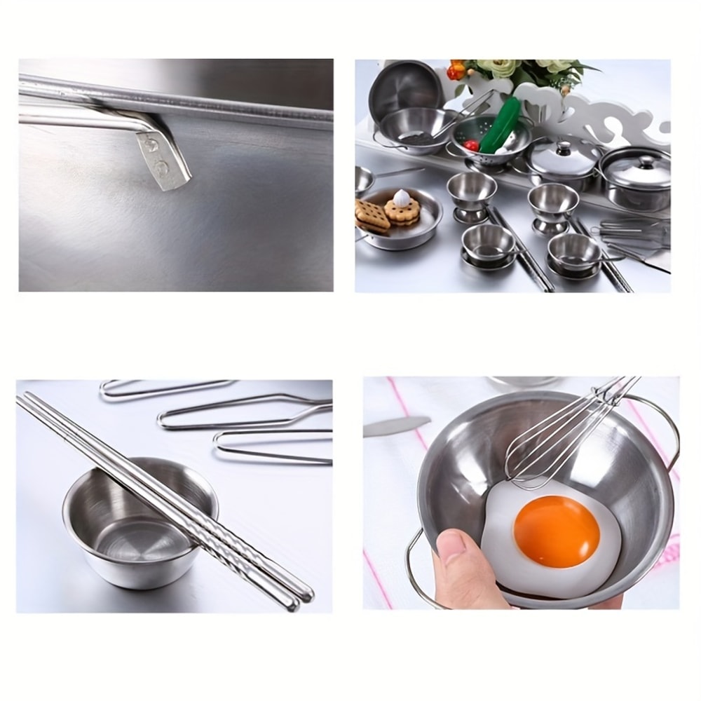 Durable Stainless Steel Kitchen Set For Kids Pretend Play Cooking Toy Educational Role Playset For 4