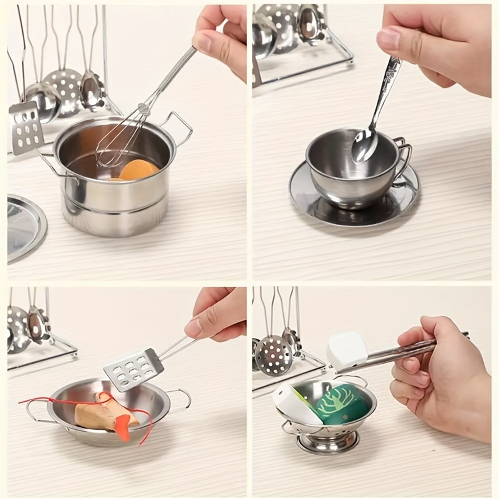 Durable Stainless Steel Kitchen Set For Kids Pretend Play Cooking Toy Educational Role Playset For 5