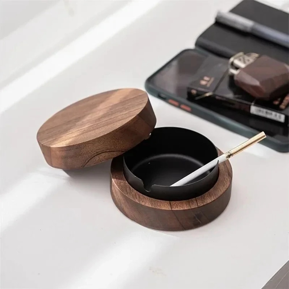 Walnut Wood Windproof Ashtray With Lid Stainless Steel Liner For Indoor Outdoor Use 1