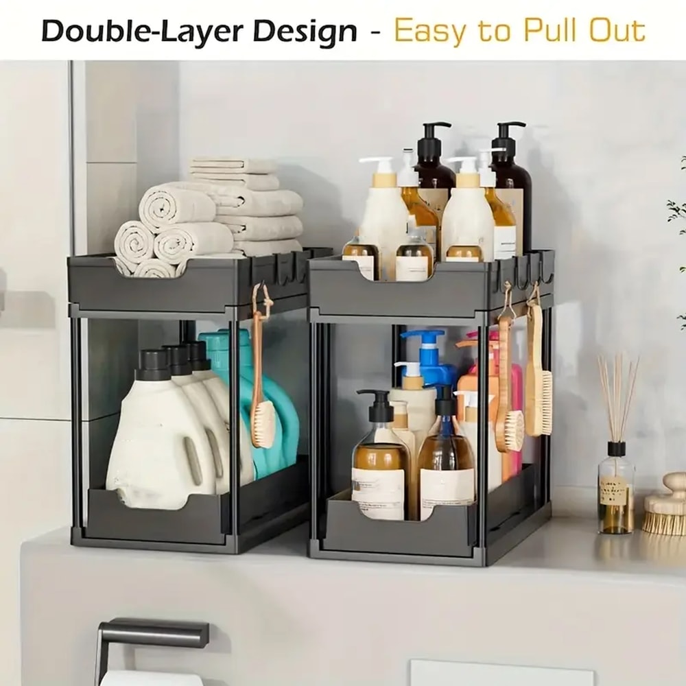 Double-Layer Pull-Out Kitchen Storage Rack – Non-Slip, Multifunctional Under-Sink Storage with Five Hooks for Kitchen &