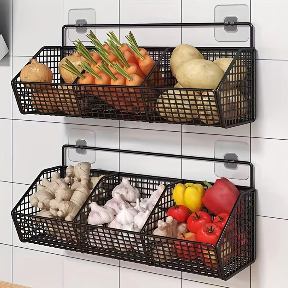 Wall Mounted Kitchen Storage Basket Durable Wire Rack For Vegetables And Fruits Organization 1