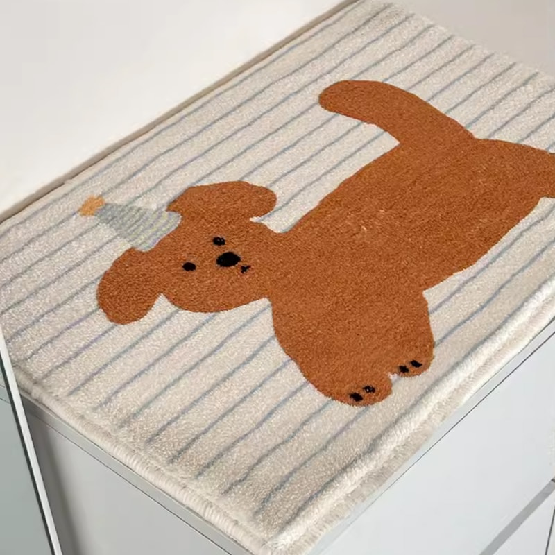 Striped Puppy Printed Short Fleece Bathroom Antislip Mat Cute Style Door Mat Indoor Small Carpet 1