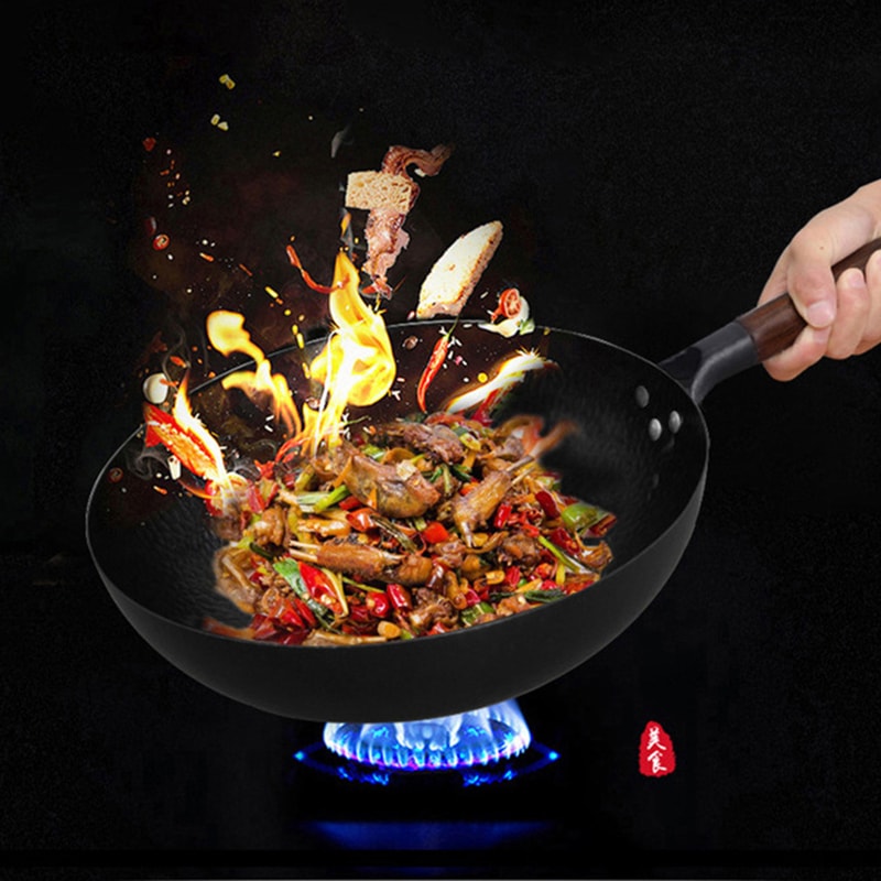Pure Iron Wok, Cast Iron Pan for Gas & Induction Cookers - Chinese Wok Cookware