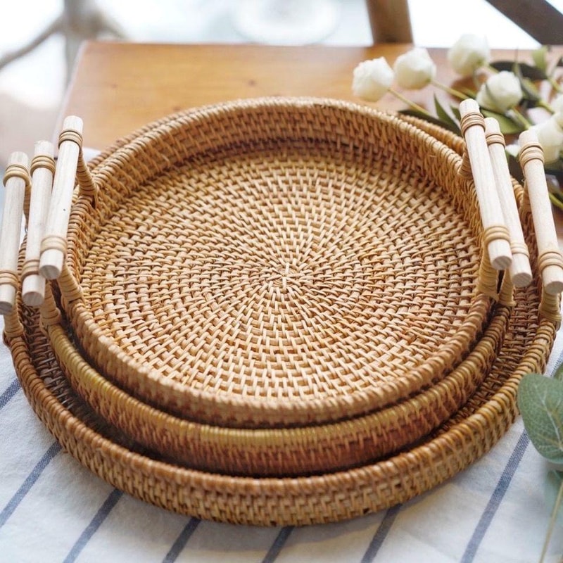 Handwoven Rattan Tray Food Storage Basket EcoFriendly Kitchen Organizer With Lid Farmhouse Home D 1