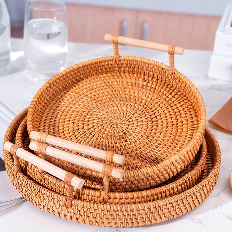 Handwoven Rattan Tray Food Storage Basket EcoFriendly Kitchen Organizer With Lid Farmhouse Home D 2