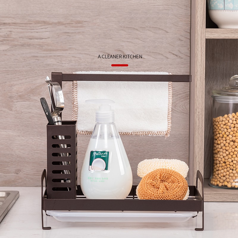 Large Kitchen Sink Caddy Rack With Drain Tray Soap Sponge Brush Organizer 2