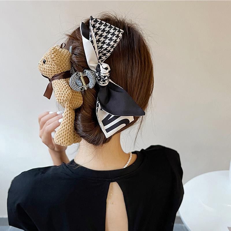 Cute Bear Hairpin For Women Sweet Grip Shark Clip With Large Bow For Autumn Winter Hair Accessori 0