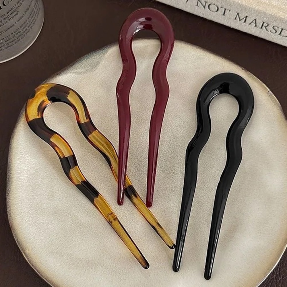 Vintage Green Tortoise UShaped Hair Stick For Women Wavy Plastic Hair Clip Accessory 3