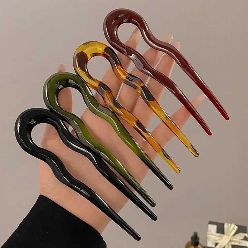 Vintage Green Tortoise UShaped Hair Stick For Women Wavy Plastic Hair Clip Accessory 4