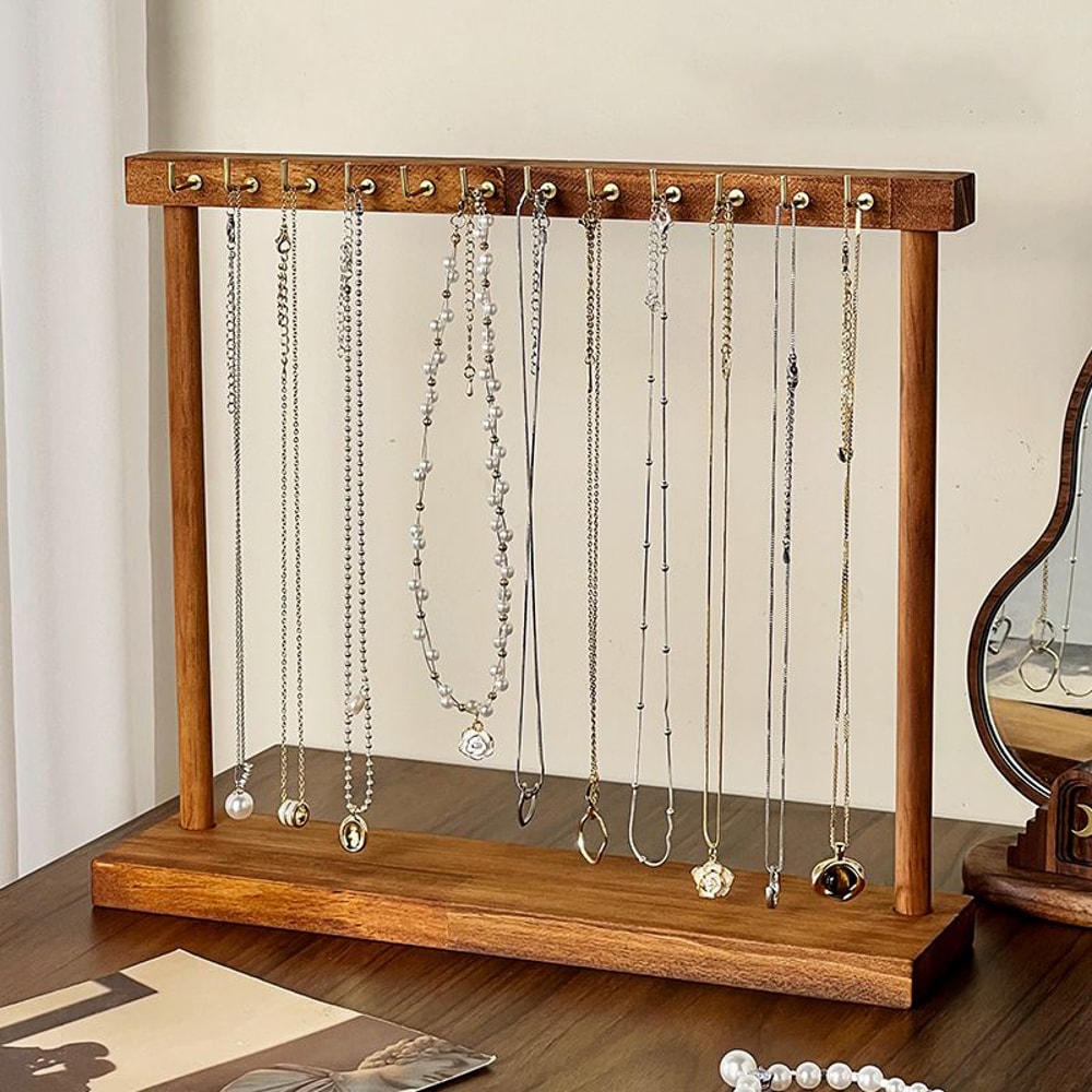 Wooden Jewelry Organizer Stand Solid Wood Necklace Earrings Bracelets Display Rack For Chains Ring 3