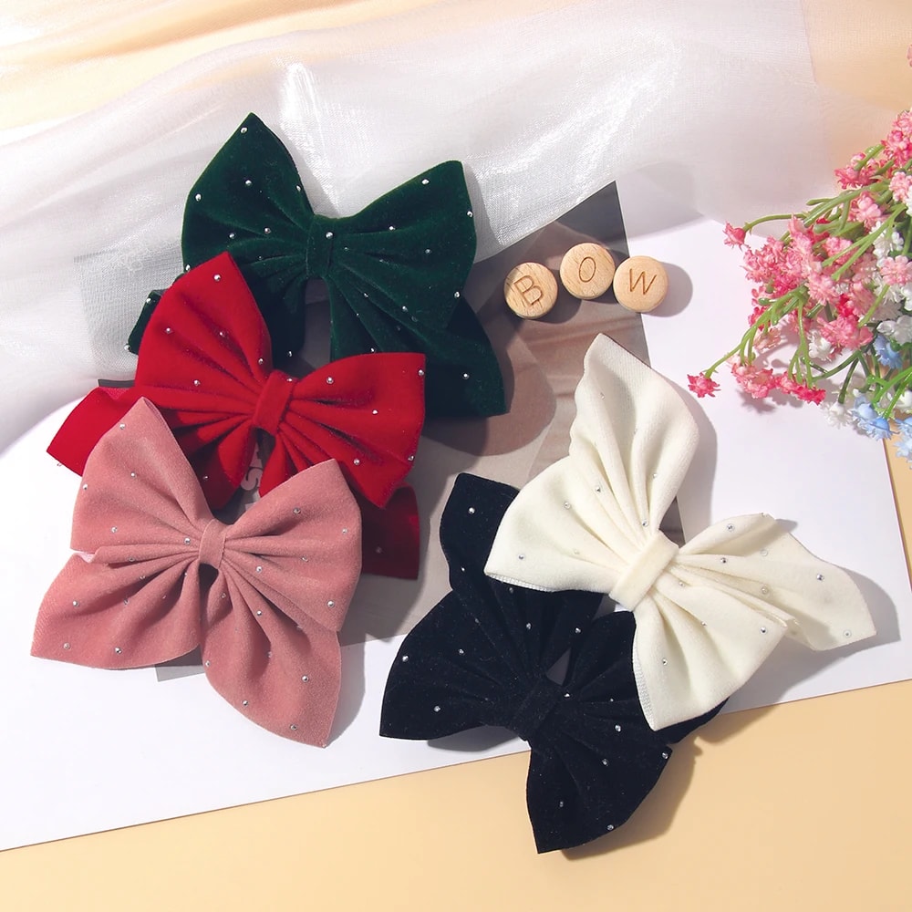 Girls Cute Velvet Bow Hair Clip With Diamond Embellishments Safe Alloy Hair Accessory For Kids Gif 1