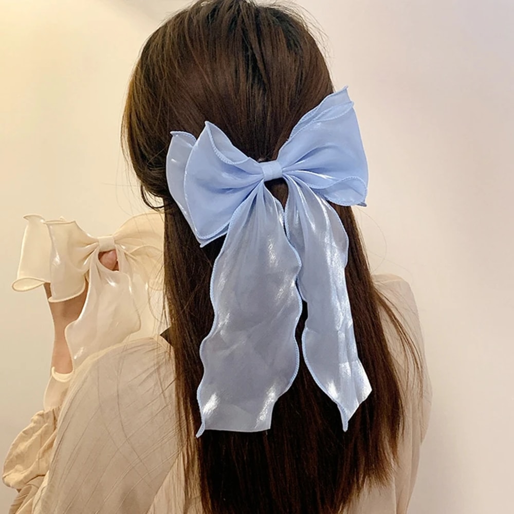 Sweet Blue Chiffon Bow Hair Clips For Girls Satin Bowknot Barrette Hairpin Grip 2