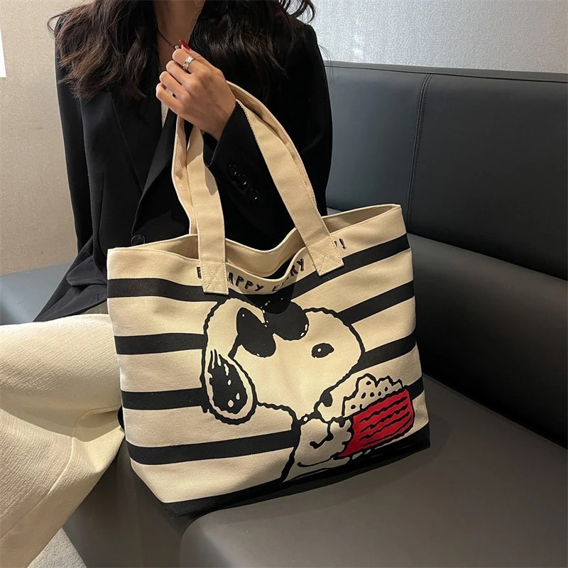 BANDAI Snoopy Cute Cartoon Large Capacity Canvas Bag For Women Stylish Tote For Students And Moms 0