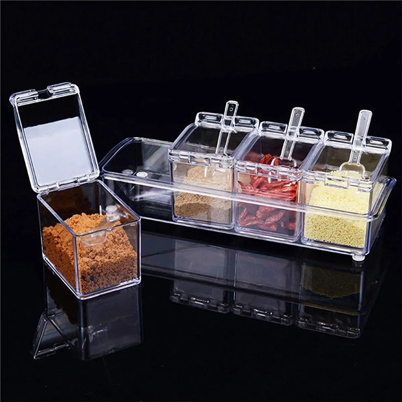 Kitchen Spice Pot Transparent Seasoning Boxes Storage Containers With Lids Spoons 0