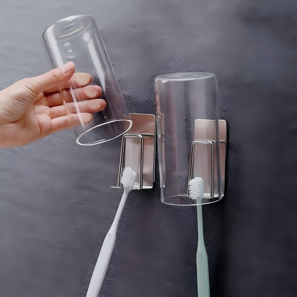 WallMounted Stainless Steel Toothbrush Holder With Cup Rack No Drilling SpaceSaving Bathroom Shelf 1