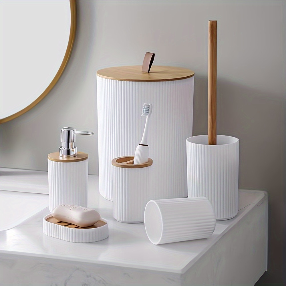 Complete Bathroom Accessory Set With Trash Can Toothbrush Holder Soap Dispenser 1