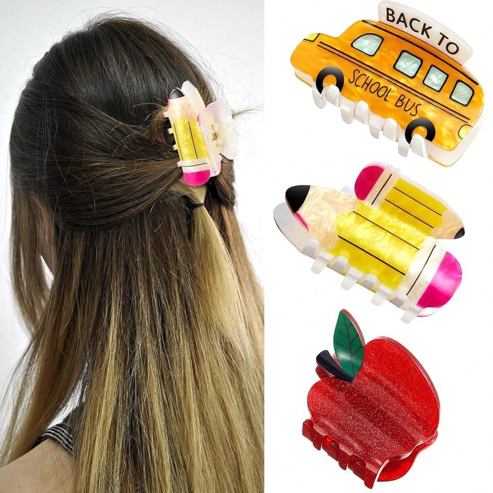 CartoonThemed Acrylic Hair Clip School Bus Apple Pencil And Calculator Designs 3