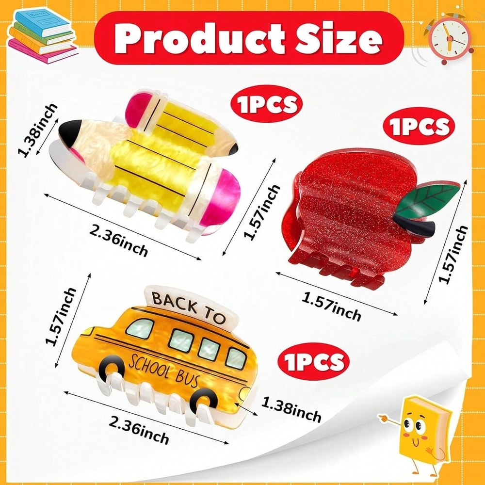 CartoonThemed Acrylic Hair Clip School Bus Apple Pencil And Calculator Designs 4