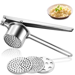 stainless steel potato ricer manual masher with interchangeable discs & fruit juicer