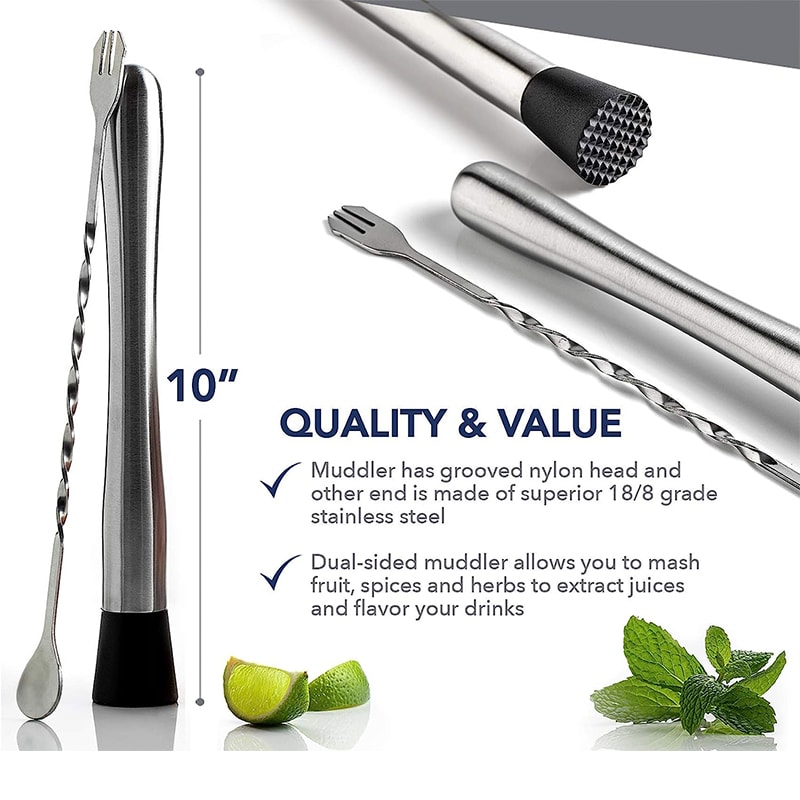 Professional Stainless Steel Cocktail Muddler And Mixing Spoon Set For Mojitos And Drinks 2