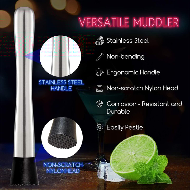 Professional Stainless Steel Cocktail Muddler And Mixing Spoon Set For Mojitos And Drinks 3