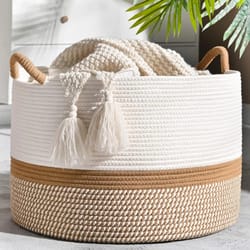 cotton rope storage basket for blankets, baby laundry hamper, and living room organization