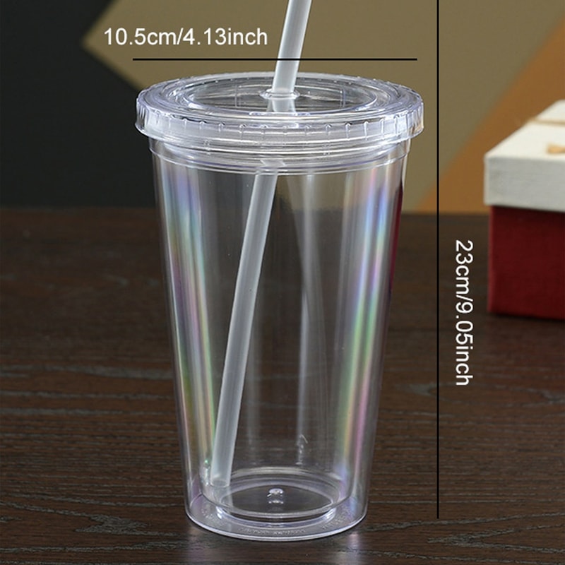 Reusable DoubleLayer Plastic Transparent Drinking Cup With Lid And Straw Outdoor Water Bottle For 2