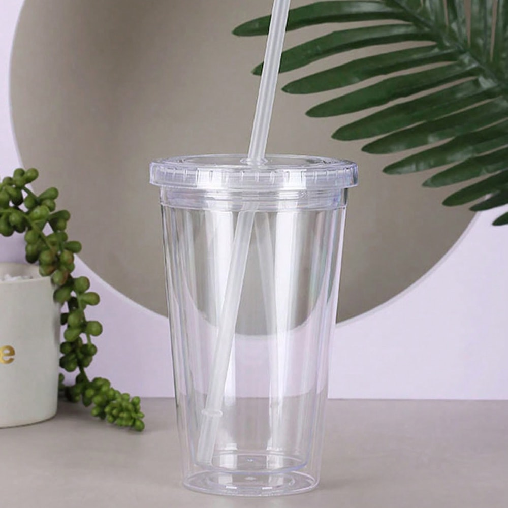 Reusable DoubleLayer Plastic Transparent Drinking Cup With Lid And Straw Outdoor Water Bottle For 4