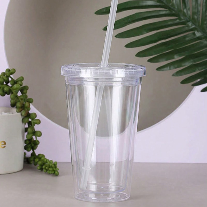Reusable DoubleLayer Plastic Transparent Drinking Cup With Lid And Straw Outdoor Water Bottle For 4