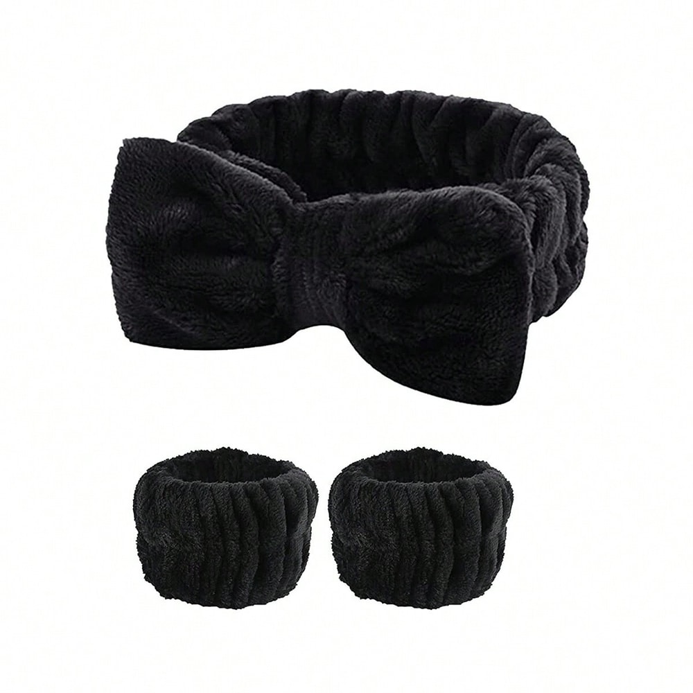 Coral Fleece Makeup Headband And Wrist Washband Set High Elastic Facial Hair Band Wrist Bands 3