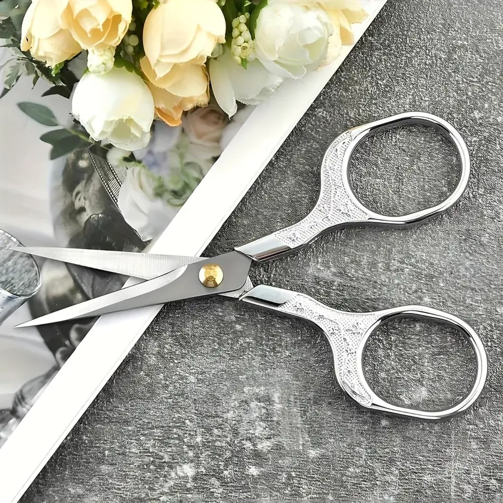 Vintage Stainless Steel Embroidered Scissors Elegant Flower Design For Office And Crafting 4