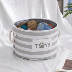foldable striped pet toy basket with woven rope handle, durable dog toy storage box