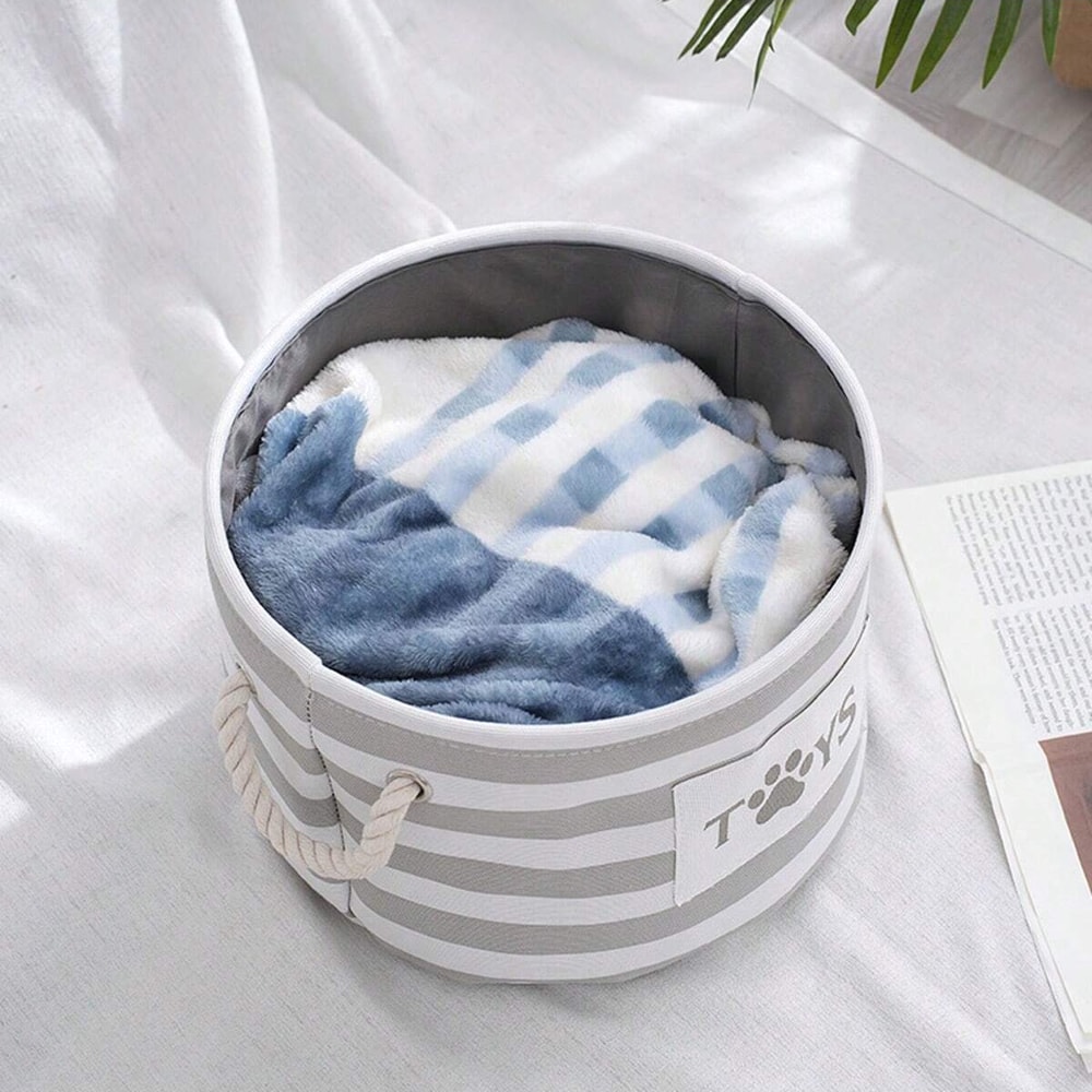 Foldable Striped Pet Toy Basket with Woven Rope Handle, Durable Dog Toy Storage Box