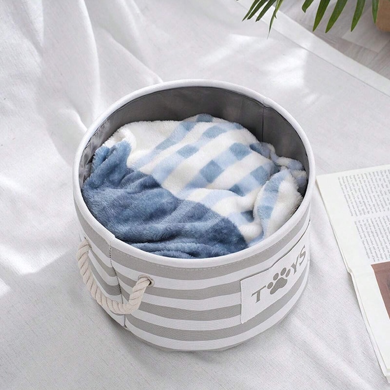 Foldable Striped Pet Toy Basket with Woven Rope Handle, Durable Dog Toy Storage Box