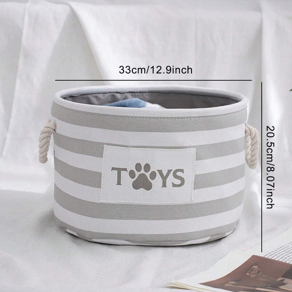Foldable Striped Pet Toy Basket with Woven Rope Handle, Durable Dog Toy Storage Box