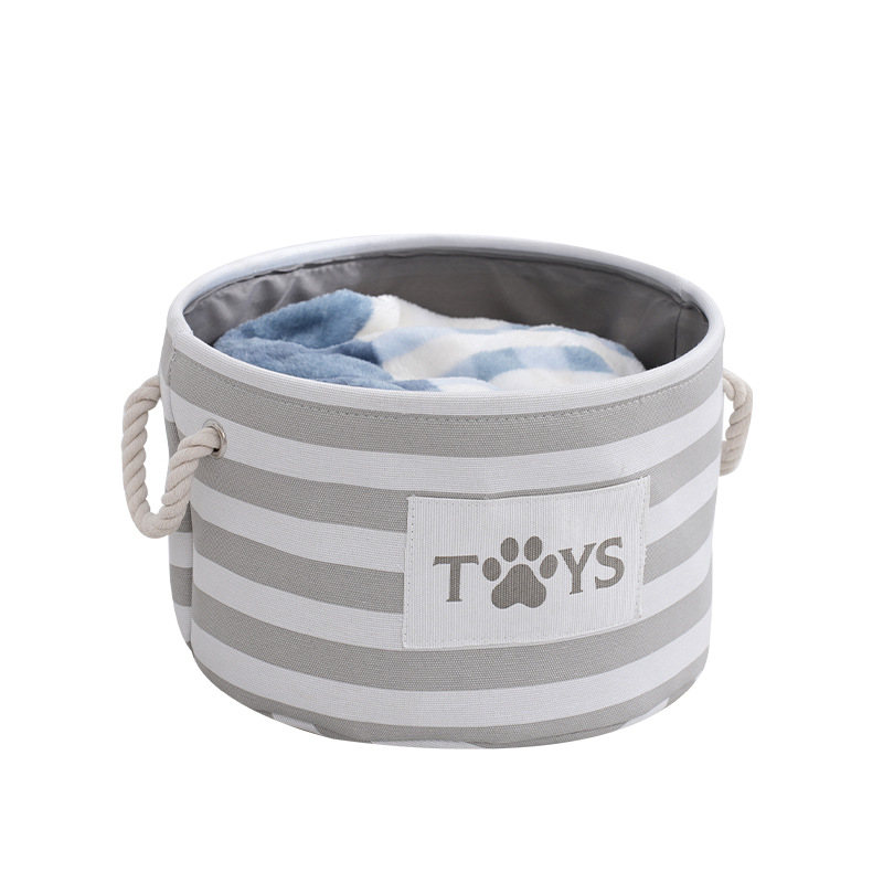 Foldable Striped Pet Toy Basket with Woven Rope Handle, Durable Dog Toy Storage Box