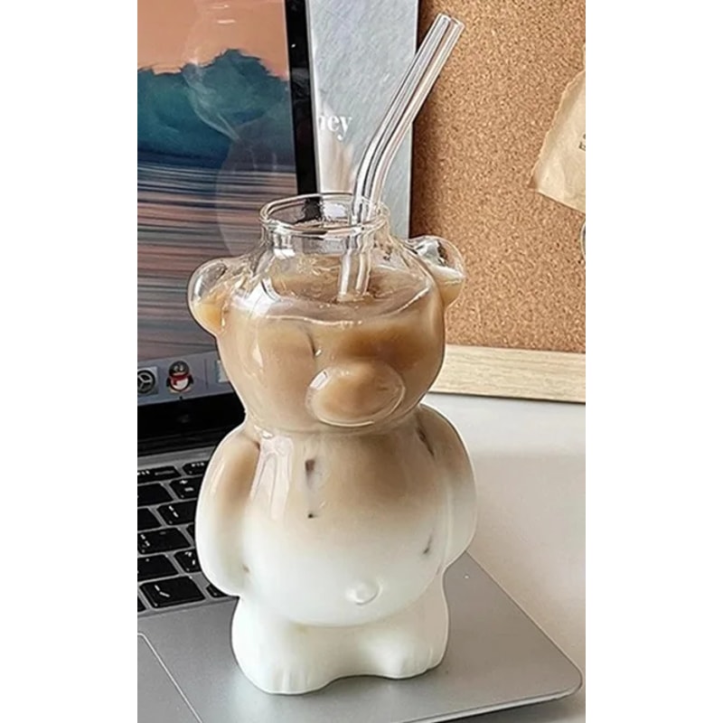 Cartoon Bear Shaped Mug Cute Glass Cup With Straw For Women Kids Friends Unique Gift For Birthdays 1
