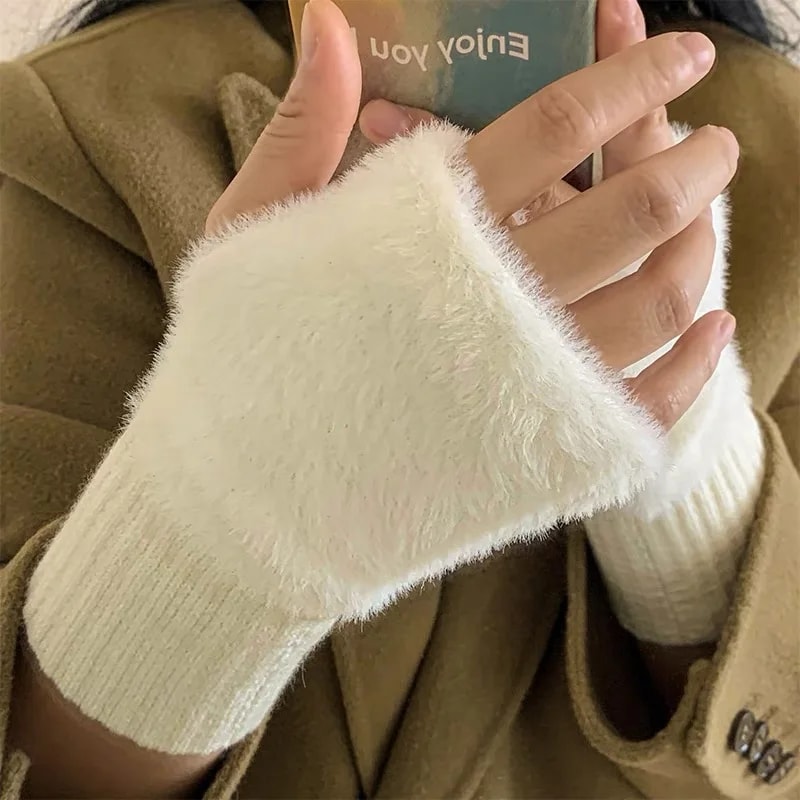 Soft Winter Half Finger Gloves For Women Luxury White Plush Knitted Fingerless Wrist Mittens For Wa 1