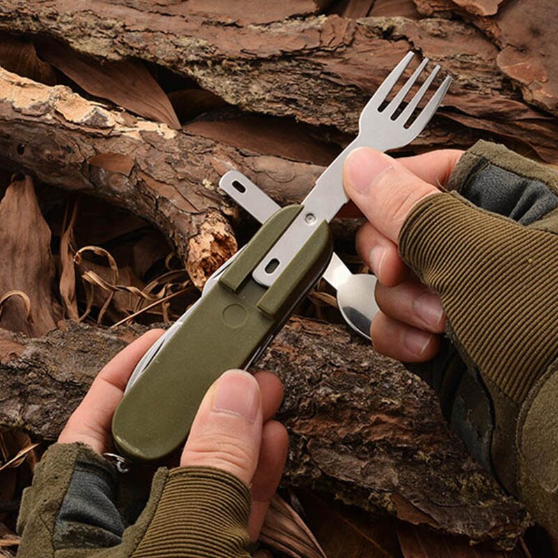 Multifunctional Outdoor Tableware Set Stainless Steel Foldable Fork Spoon Knife For Camping Hiking 1