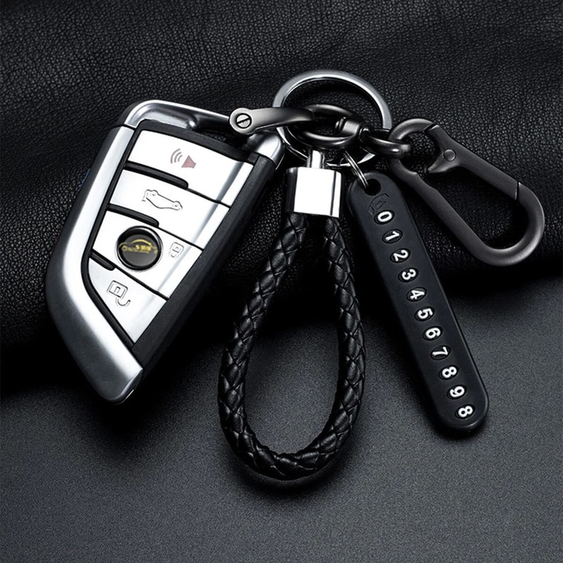 Trendy DIY Mobile Phone Number Plate Keychain For Men Punk Woven Leather Rope Car Accessories 0