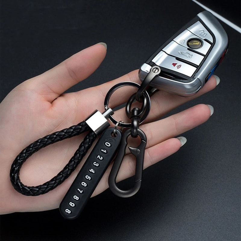 Trendy DIY Mobile Phone Number Plate Keychain For Men Punk Woven Leather Rope Car Accessories 2
