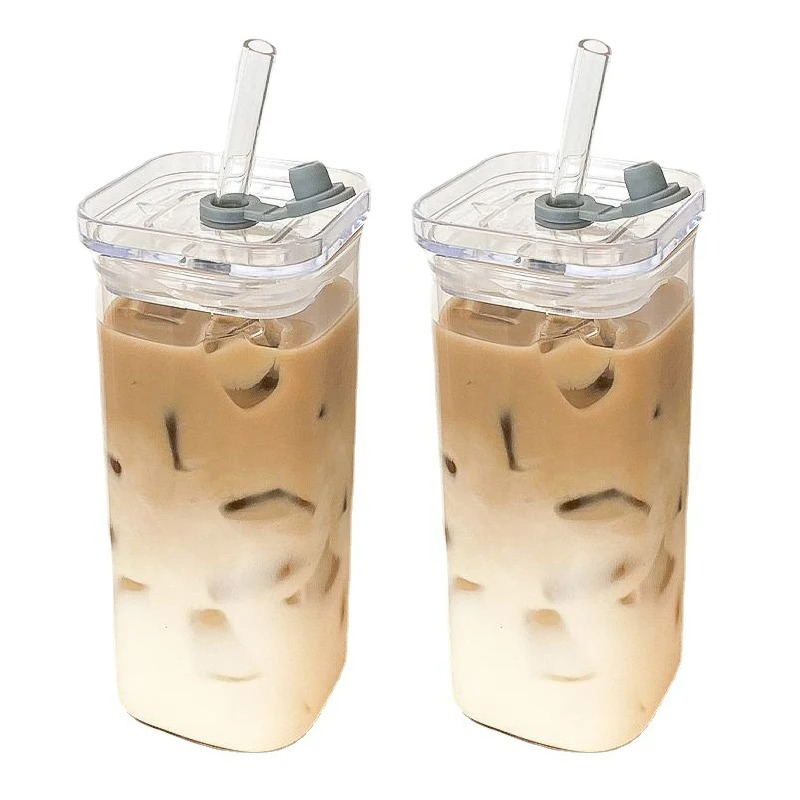 Square Heat Resistant Glass Coffee Cup With Lid And Straw For Milk Tea Juice 3
