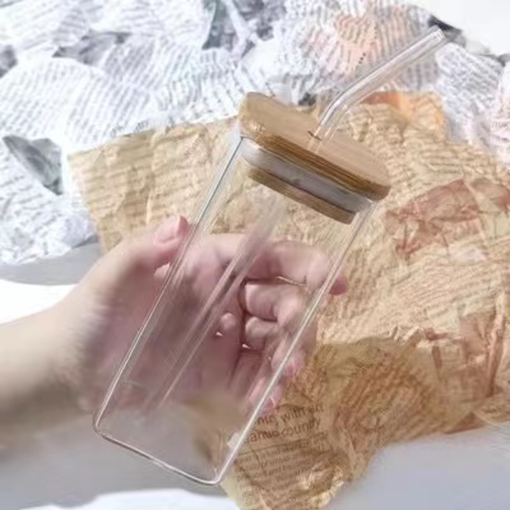 Square Heat Resistant Glass Coffee Cup With Lid And Straw For Milk Tea Juice 4