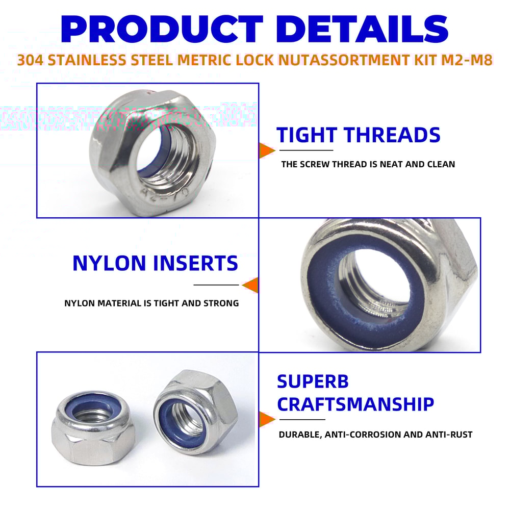Hex Nylon Insert Self Lock Nut Assortment Kit Stainless Steel Durable Locknut Set 7