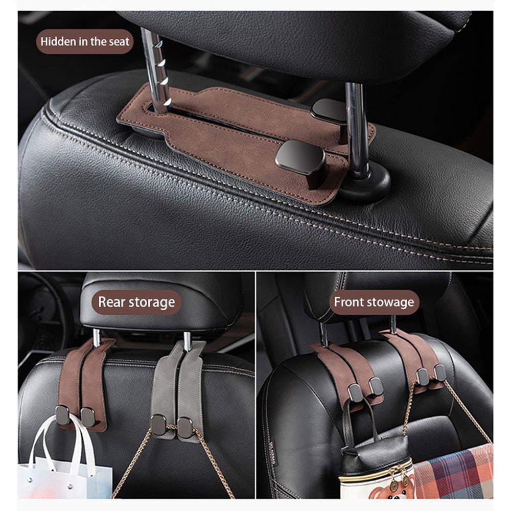 Premium Suede Car Headrest Hook Large Load Bearing Alloy Dual Hook For Rear Seat Hanging Universal 1