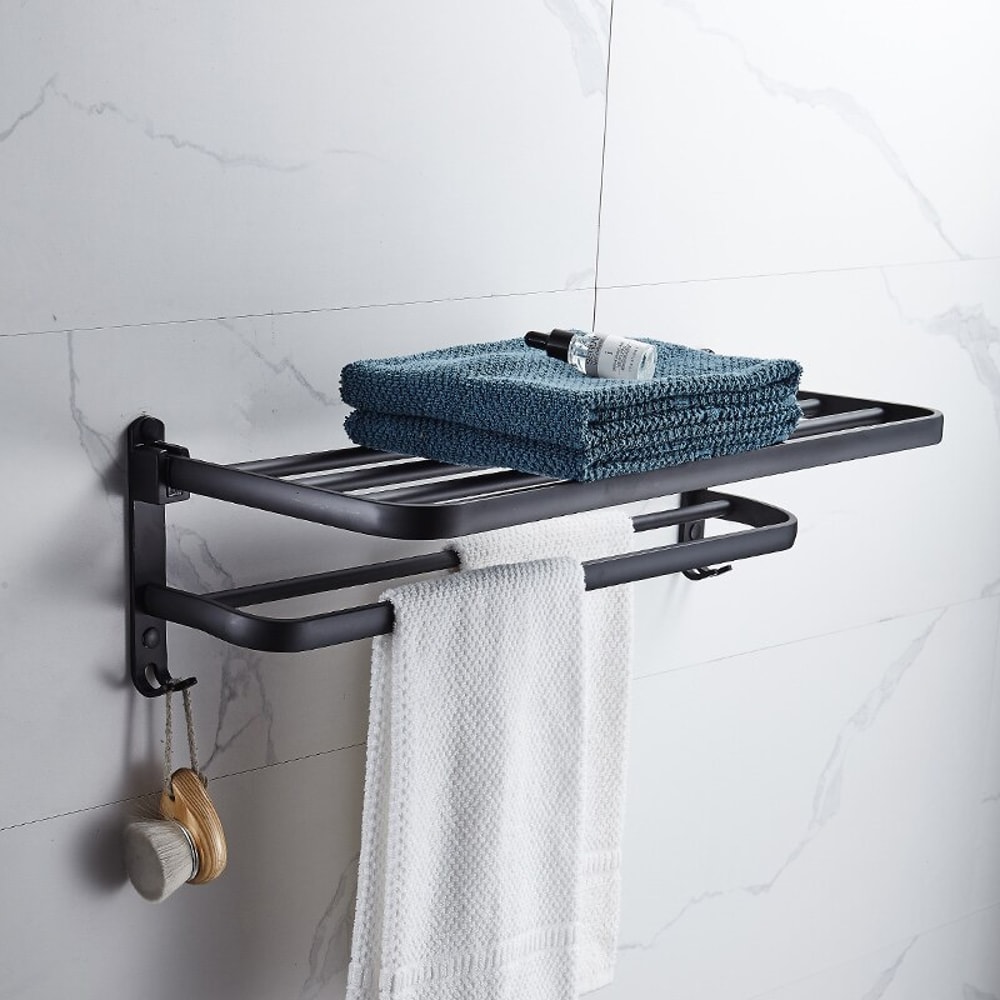 Matte Black Folding Towel Holder With Hook Wall Mount Space Aluminum Rack For Bathroom And Kitchen 4